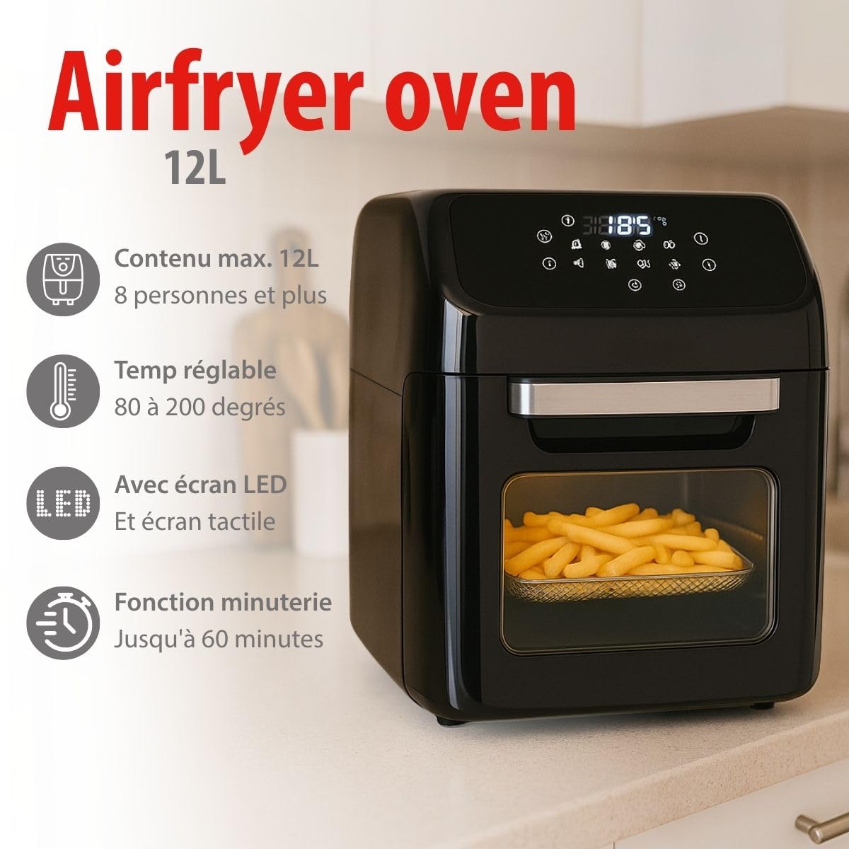alpina Air Fryer XXXL - Friteuse à air chaud 12L - Air Fyer 8 personnes et plus - Four à air chaud avec affichage numérique - accessoires inclus - Broche à rôtissoire et fourchette à creuser