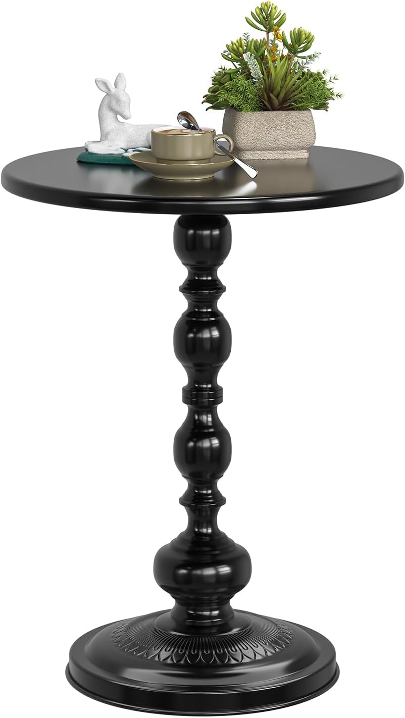 SimpleTrending Round Black Metal Side Table - Small End Table, Drink Table, Sofa Tray, Pedestal Coffee Table 21" Tall