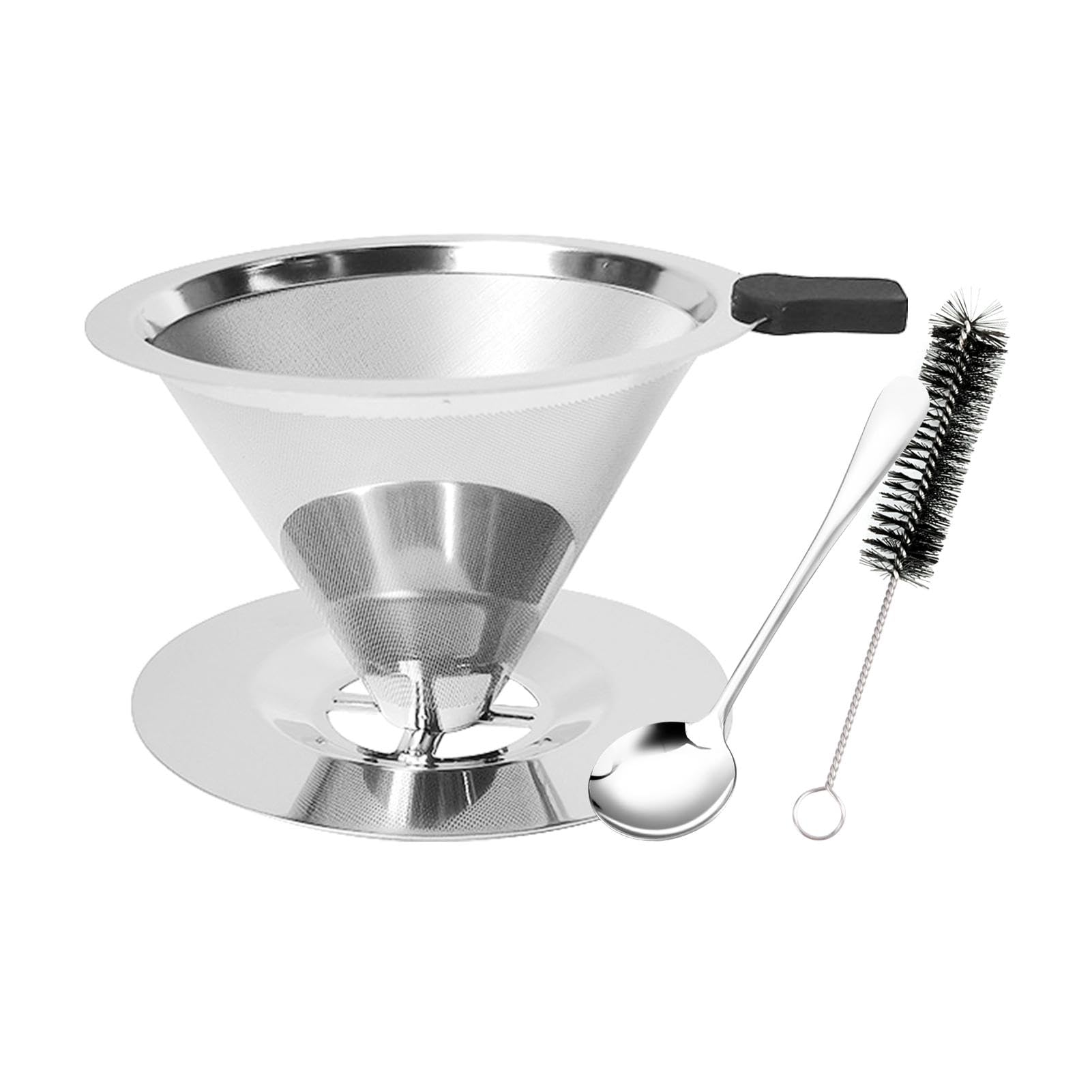 Pour Over Coffee Dripper, Stainless Steel Pour Over Coffee Filters Reusable Dripper with Spoon Brush, Paperless Cone Coffee-Dripper for Home,Shop,Office,Camping ﻿ (Sliver)
