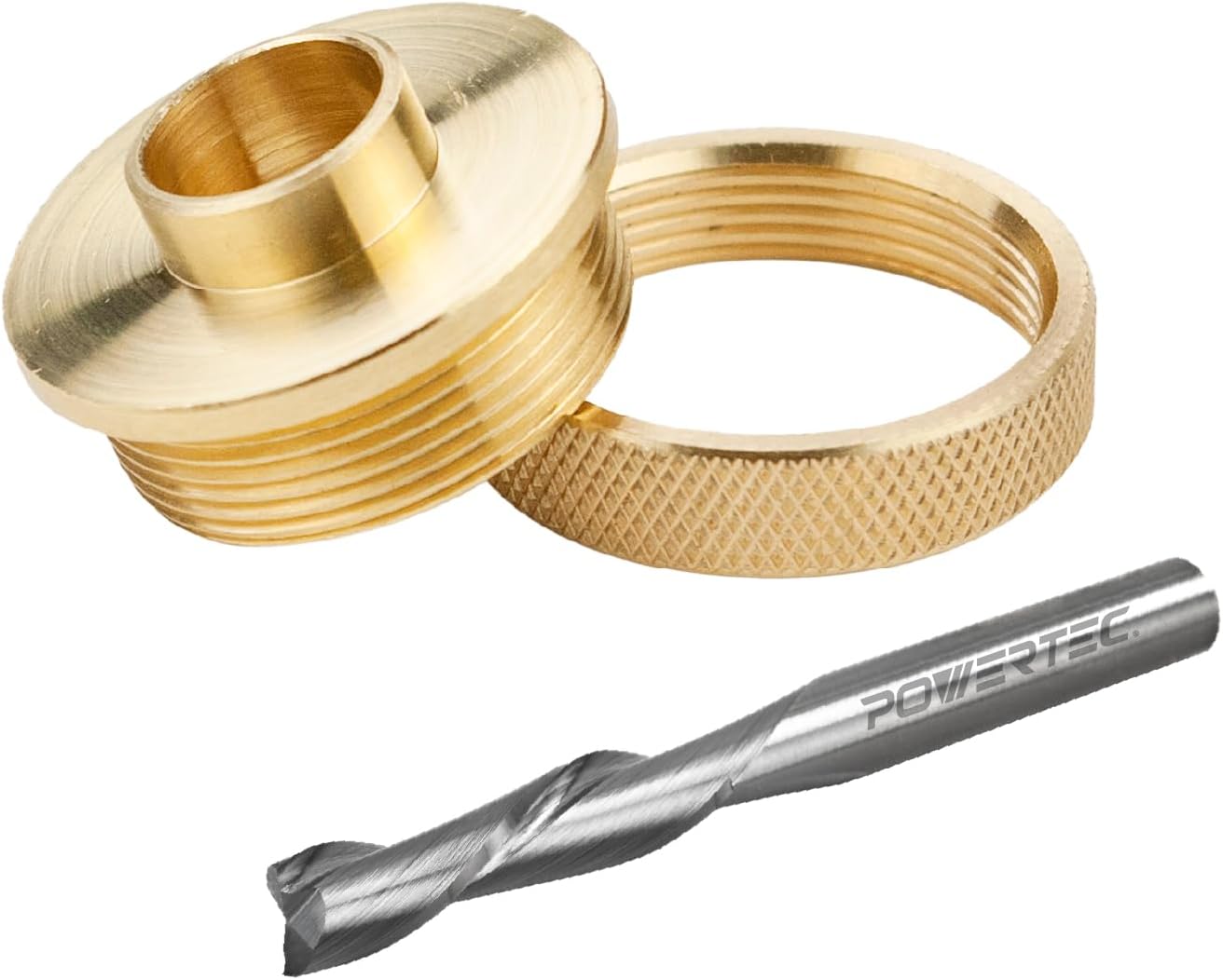 POWERTEC Short Shank Guide Bushing and Nut, 5/8-Inch with Solid Carbide Up Cut Spiral Router Bit, 1/4" Shank. Woodworking Router Bits for use on CNC and Router Tool