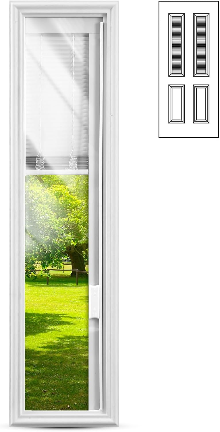 Pushglossy 2 Pcs 8 × 36 Inches Entry Door Glass Insert with Blinds White Exterior Front Door Frame Window Inserts Replacement Kit for Home Improvement, Raised Frame