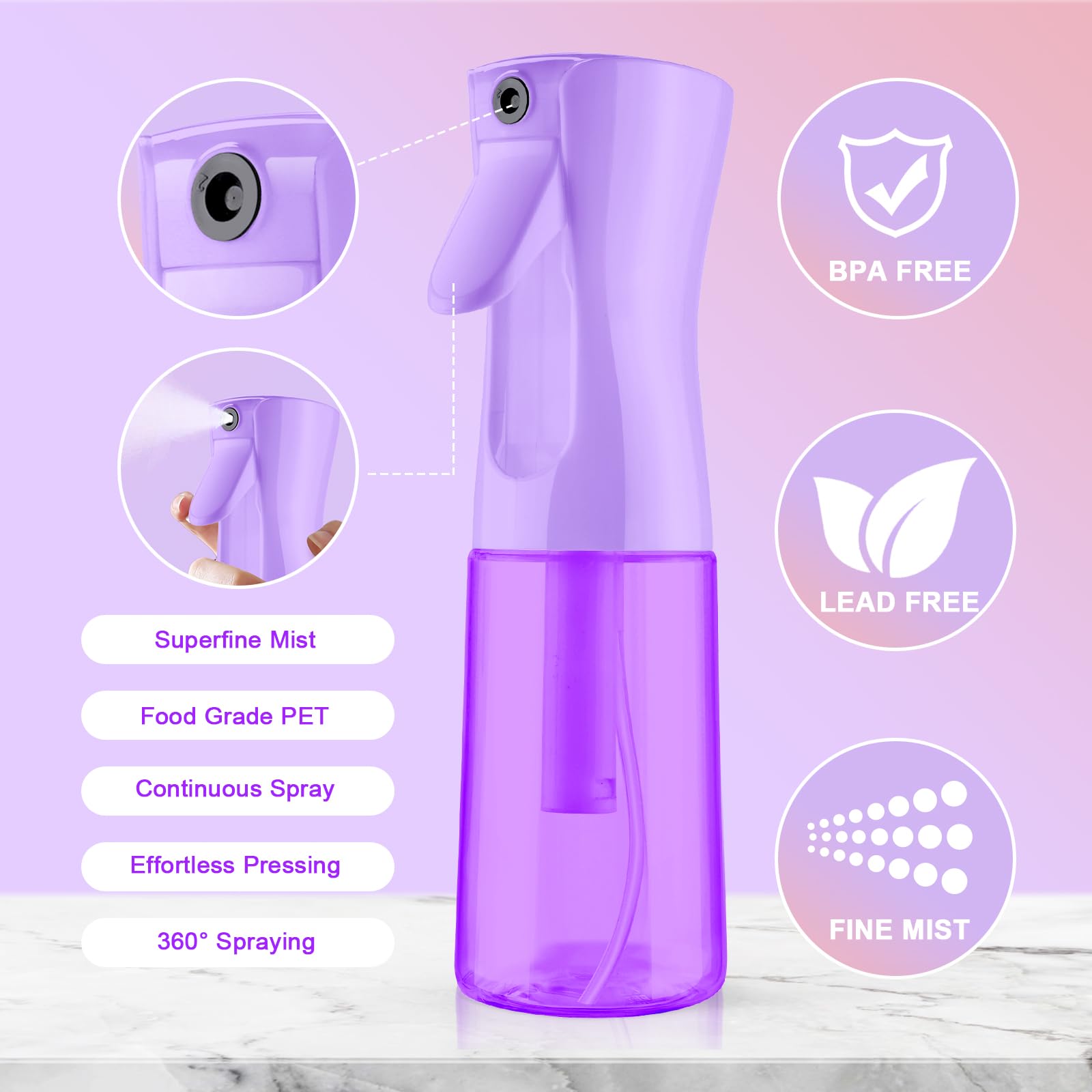 LOPHE Pulverizador Agua Peluquería, 2pcs 200ml Botella de Spray a Presión, Atomizador Recargable, Fina Niebla Continuo, Pulverizadora de Plástico para Limpieza, Mascotas y Plantas (Rosa+Púrpura)