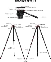 Vista 5 de IFOOTAGE Gazelle - Trípode de viaje TA3B con cabezal de fluido Komodo K3,62/62.0 in Kit de trípode de aleación de aluminio para cámara, teléfono