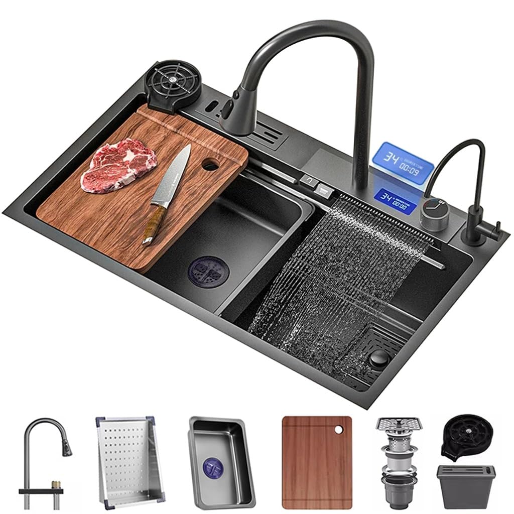 Évier de cuisine noir en acier inoxydable 80x45cm avec robinet cascade et affichage intelligent