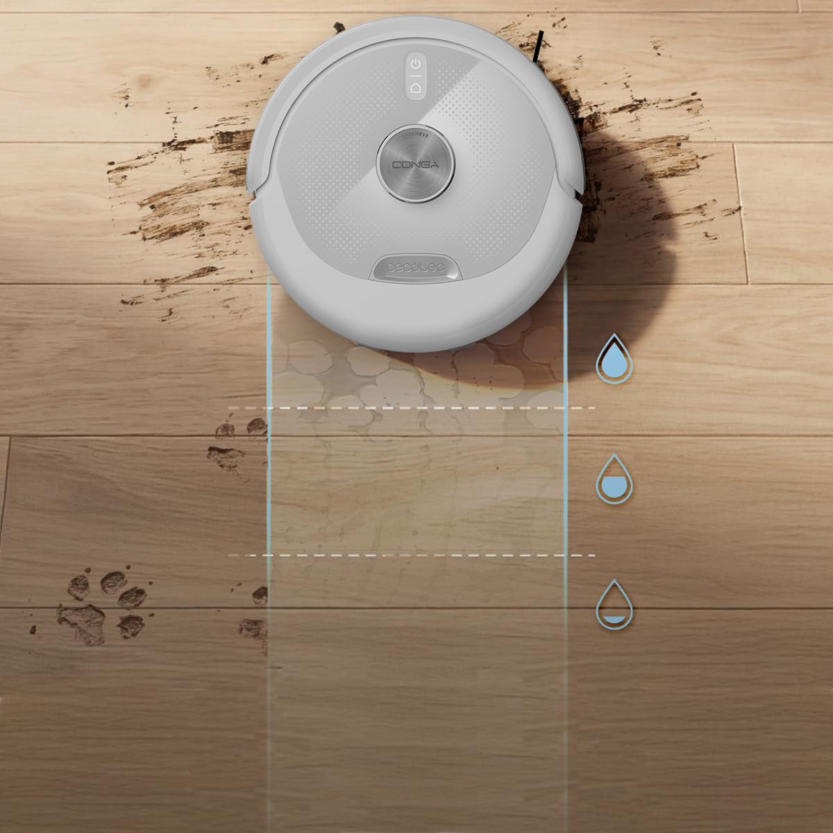 Cecotec Robot Aspirateur - Base Auto Vidange 3L - IA - 2500Pa - Conga Y90 Pearl. Autonomie 240min en Mode Éco, Brosse Silicone, Idéal Maisons avec Animaux, Bluetooth et WiFi, 2 Serpillières