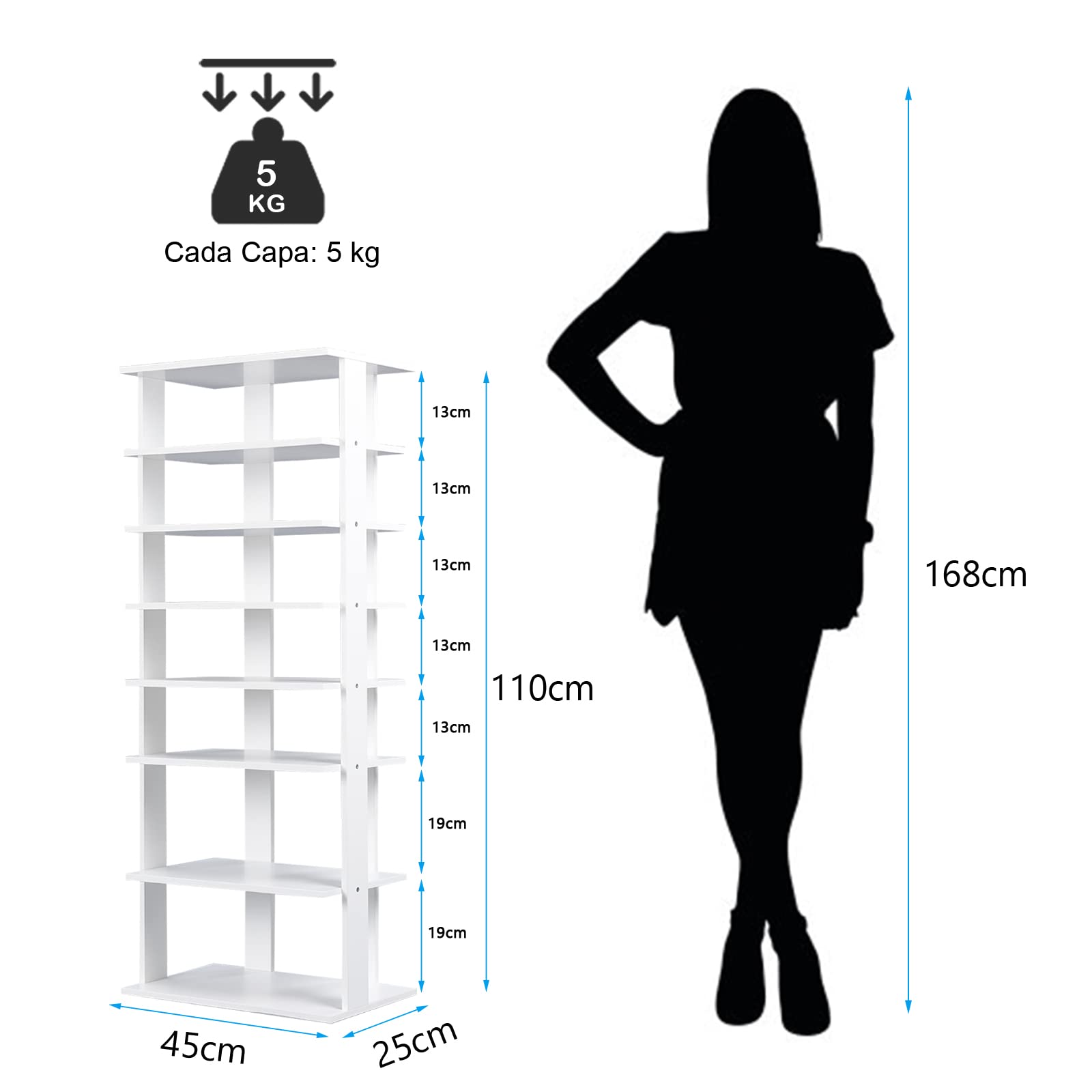 COSTWAY Estante de Zapatos Vertical Industrial de 7 Niveles, Torre de Almacenamiento de Zapatos de Estilo Retro, Panel Extraíble 45 x 25 x 110 cm (Blanco)