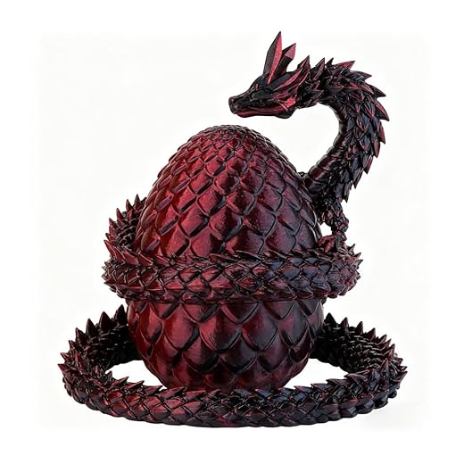 3D Printed Collectible Figurine 6.3 Inch Dragon and 2.7 Inch Egg for Home Office Decor Executive Desk (Red Black)