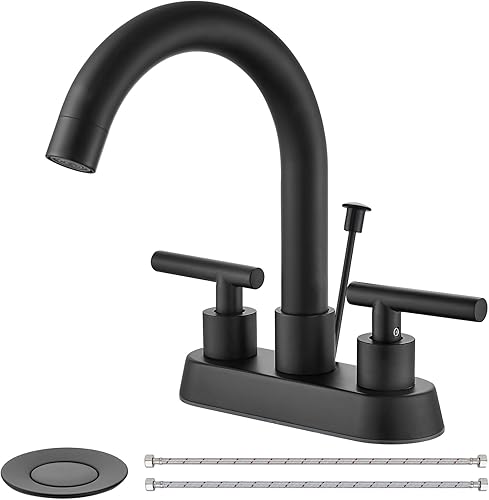 Miniatura 9 de Cinwiny Grifo de baño central de 4 pulgadas con varilla de elevación, tapón de drenaje de níquel cepillado, doble mango, 3 agujeros, grifo de lavabo