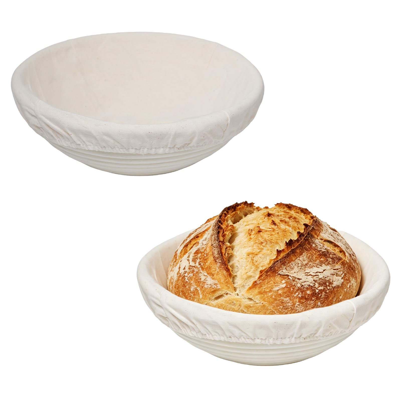 2 Pièces Banneton à Pain Rond de 25cm Banneton pour Pain de Fermentation Paniers à Pains avec Doublure en Lin du Rotin Indonésien Naturel Corbeille Pains (Contenir 700–1000g du Pâte)