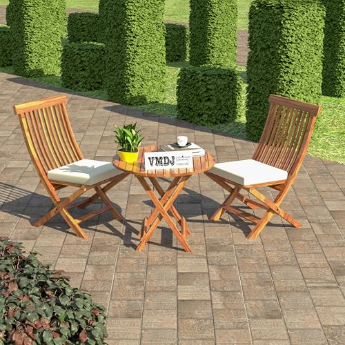 Image of Sheesham Wooden Portable Foldable 2 Seater Chair with Table Set Outdoor Balcony Garden Coffee Table Set Furniture with 1 Table and 2 Chairs Set (Honey Finish with White Cushion)