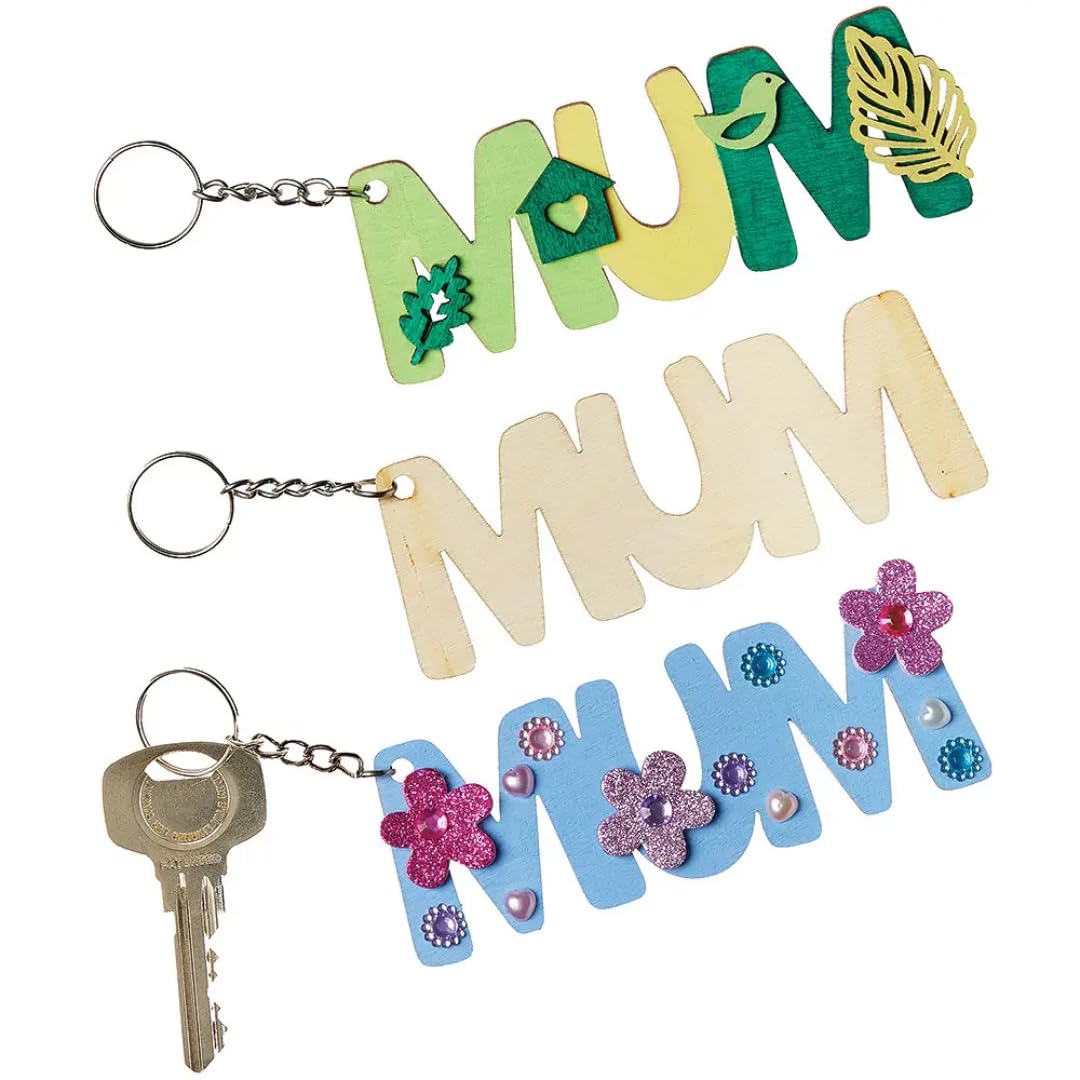 Baker Ross WA160 MUM Wooden Keyrings - Pack of 6, Wooden Keyring Blanks for Kids, Personalised Craft Gifts for Mum