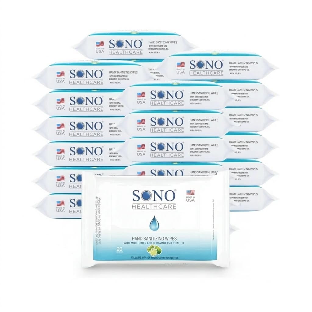 SONO Alcohol-Free Sanitizing Hand Wipes with Bergamot & Aloe Essential Oil - Individually Wrapped Travel Size - 24 Packs of 20 - Gentle Cleaning Anywhere