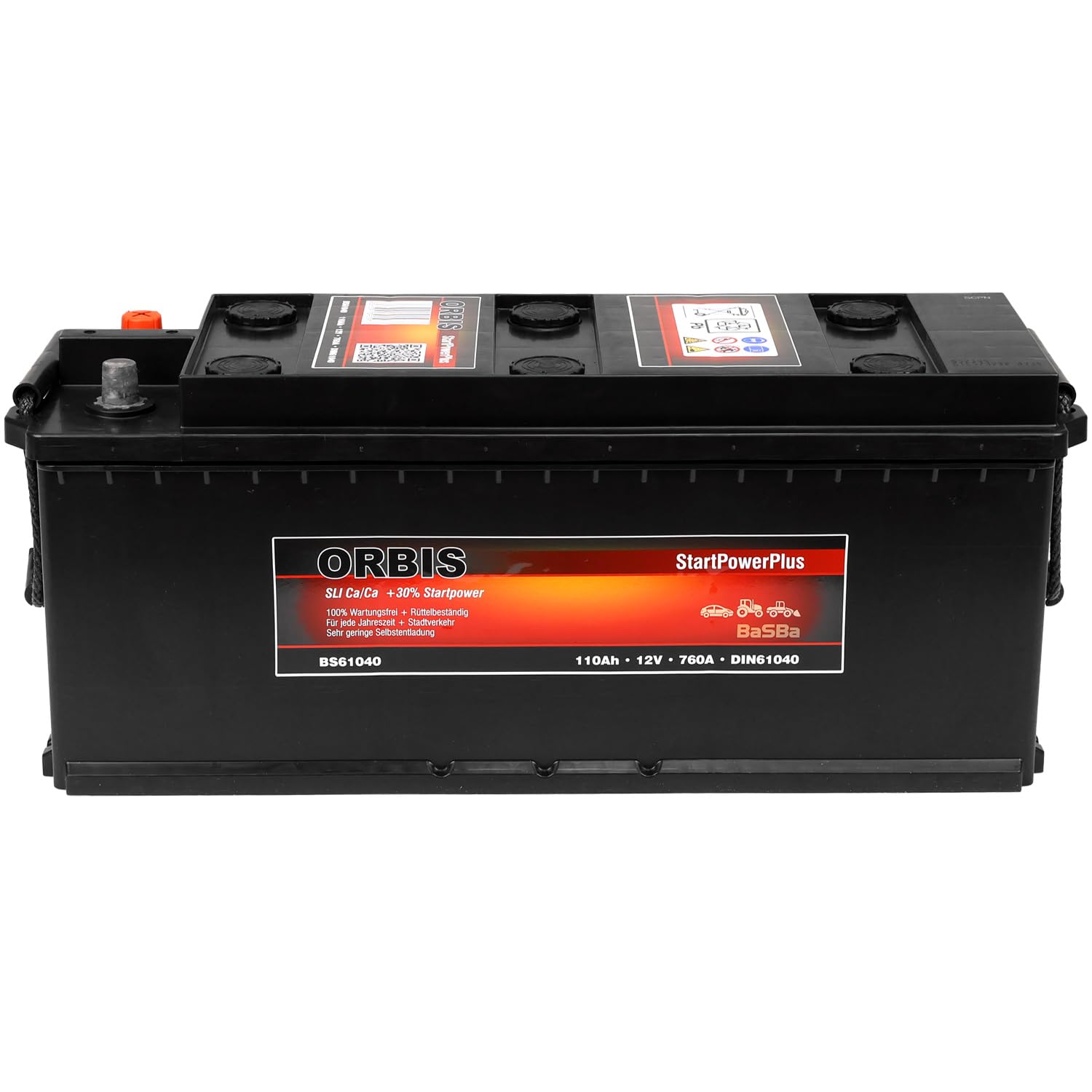LKW Starterbatterie 12 V 110 Ah – wartungsfrei, gefüllt & geladen, robuste Ca/Ca Technologie mit starker Kaltstartreserve 760 A für Nutzfahrzeuge Orbis BS61040 | BaSBa 4906