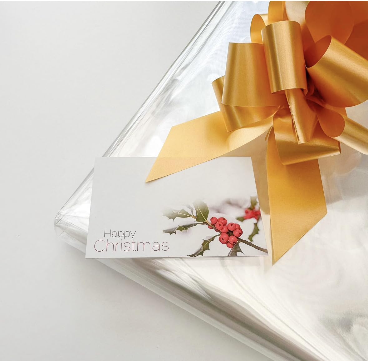 ShredAstic® Clear Cellophane Hamper Wrap Kit with Pull Bow & Happy Christmas berry Card (2 metres cello, bow & card, Gold bow)