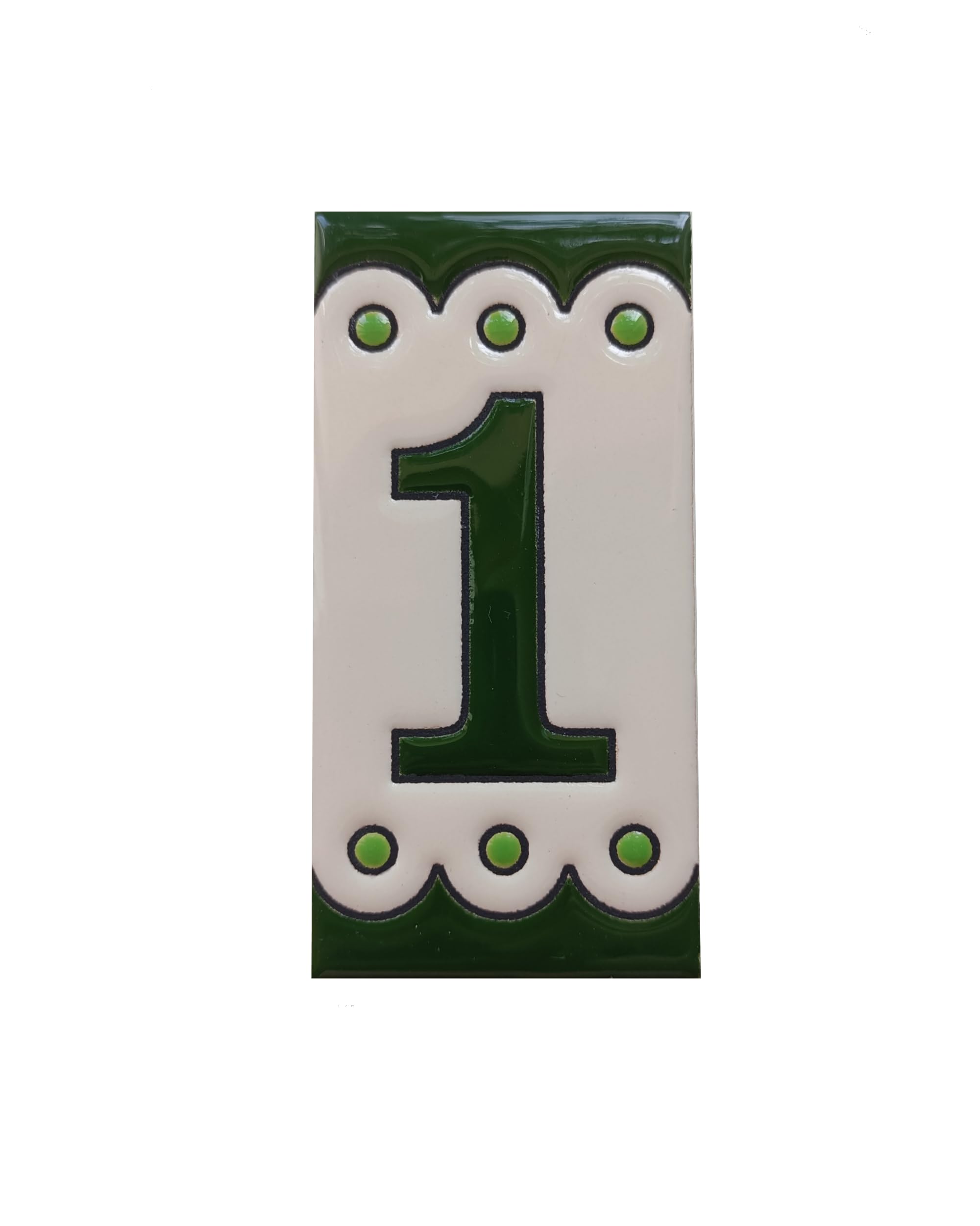 Green M-7 Spanish Hand-painted Ceramic Number Tiles 11 x 5.5 cm or 2.16 x 4.33" (Number 1 tile)