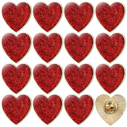 Image of Huquary 16 Pcs Heart Pins Valentine's Day Red Glitter Lapel Enamel Pins Love Heart Lapel Brooch Pin Bulk for Men Women Costume Clothes Bags Hats
