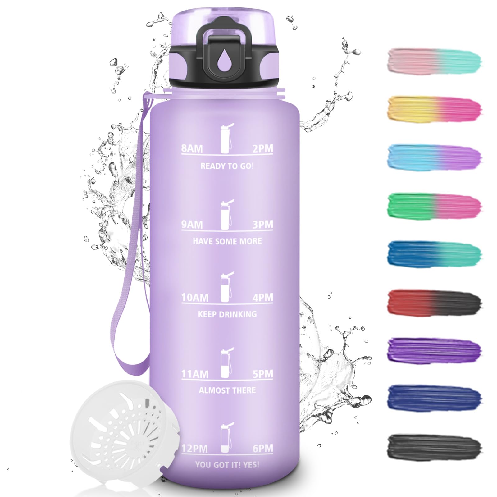 Grsta Boys Light Purple Water Bottle 1.5 Litres, Sports Water Bottle With Filter, Water Bottle With Time Marking, Leak-Proof, Water Bottle, Easy To Clean, Water Bottle For Fitness, Camping, Hiking, Yoga