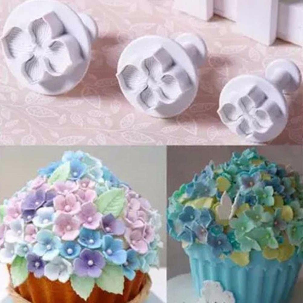 Wudaizhi 3pcs/set Silicone Hydrangea Fondant Cake Decorating Sugar Craft Plunger Cutter Flower Blossom Mold Home Kitchen Bake Tool