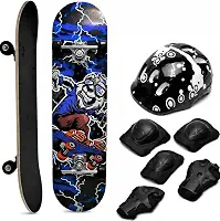 Skate Infantil Completo Com proteção, 7 Lâminas de Madeira, Design Radical com Arte emAzul e Preto, Montado com Lixa para Iniciantes