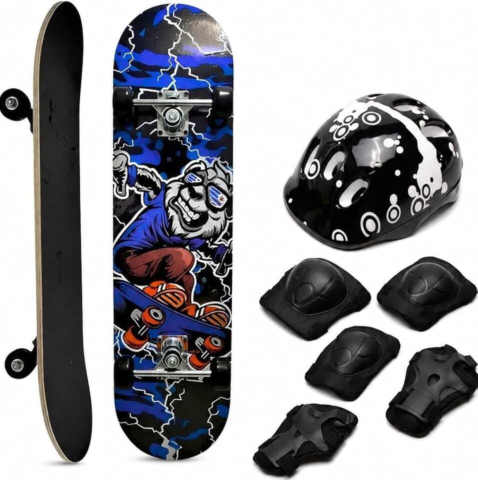 Skate Infantil Completo Com proteção, 7 Lâminas de Madeira, Design Radical com Arte emAzul e Preto, Montado com Lixa para Iniciantes