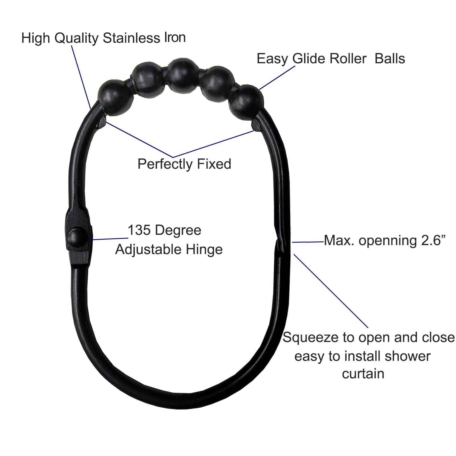 Breites Duschvorhangringe/Hakenset, dekoratives schwarzes Finish, leicht gleitende Rollen, 100 % rostfreier Edelstahl, Set mit 12 Ringen für Duschstangen (ovale Form, schwarz)