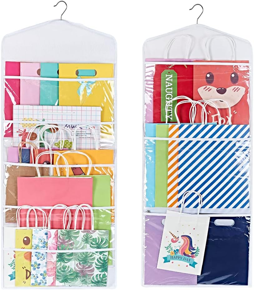 Primode Gift Bag and Tissue Paper Storage, Hanging Organizer with Multiple Front and Back Pockets Double Sided, Organize Gift Wrap and Paper Bags 38 x 16 Inch (White)