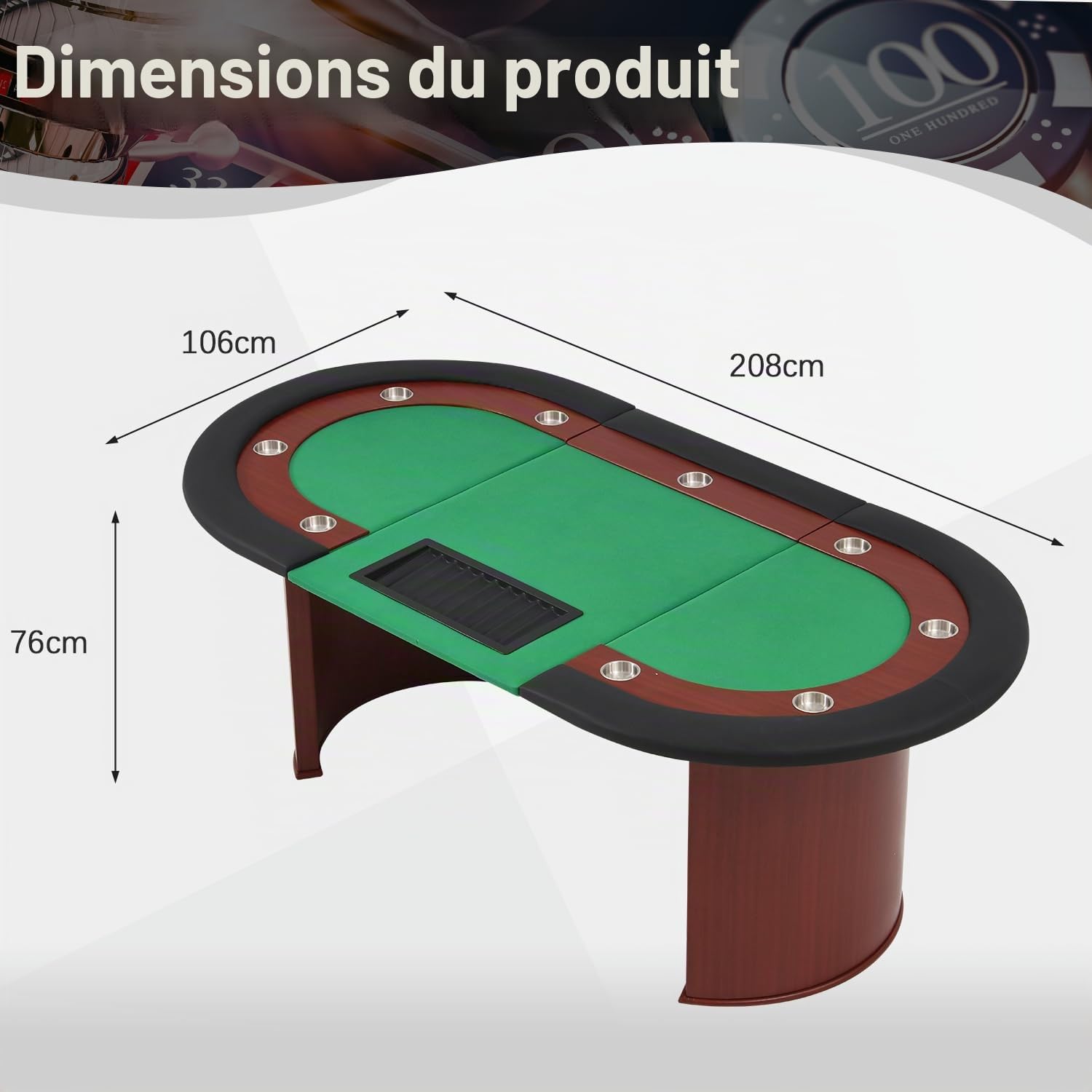 AVAWING Table de poker pour 10 joueurs, table de jeu avec 9 porte-gobelets, plateau à puce amovible et repose-bras rembourré, marron et vert