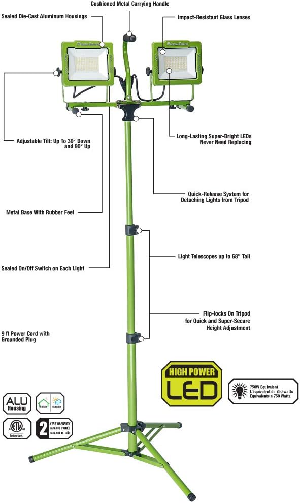 12,000 Lumen LED Work Light with Stand, All Metal 68" Telescoping Tripod, 9ft Power Cord, Sealed On/Off Switches and 2 Year Warranty