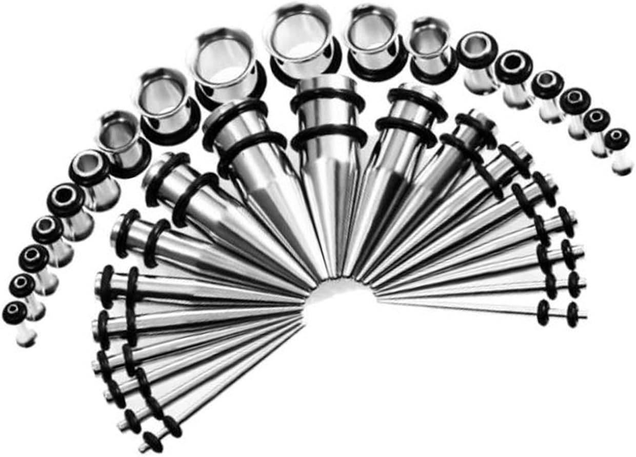 Kjiasiw Kit de estiramiento de calibre de oído de acero inoxidable y tapones Set 36 piezas 14G-00G