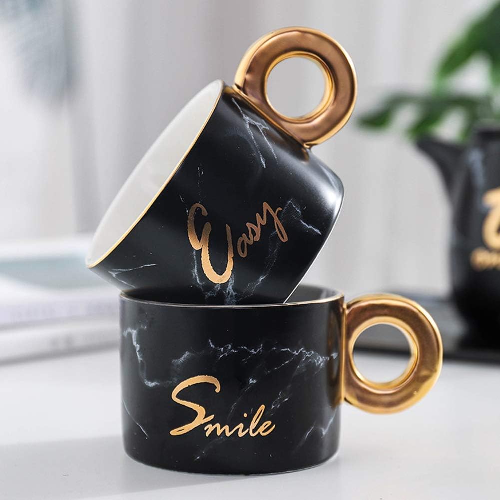 4 Piece Marbling Creative Porcelain Ceramic Coffee Set with 1 Tray 2 Cup 1 Pot,Tea Set for Gift Office Homehold,White