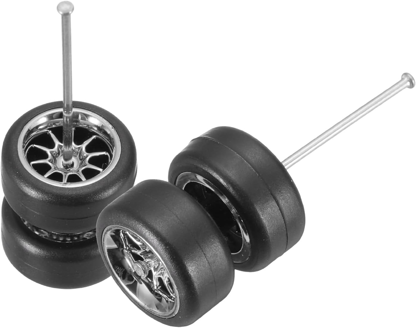 sourcing map 2 Set 1/64 Wheels and Tires Set, Real Riders Rims Includes Axles for RC Diecast Car DIY Model, 7-Spoke Silver Rims