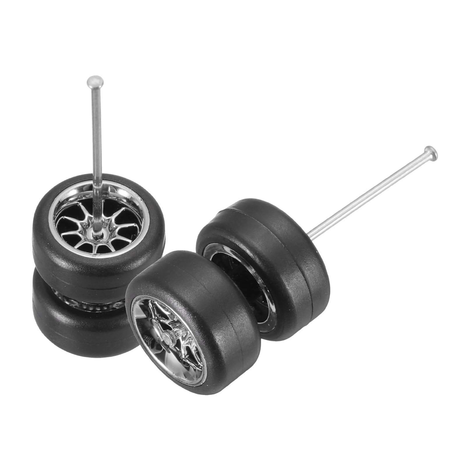 sourcing map 2 Set 1/64 Wheels and Tires Set, Real Riders Rims Includes Axles for RC Diecast Car DIY Model, 7-Spoke Silver Rims