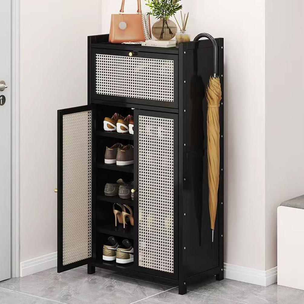 Meuble de Rangement à Chaussures Armoire D'entrée étroite Buffet Haut en Rotin étagère à Chaussures en Bambou Grand Meuble à Chaussures Autoportant