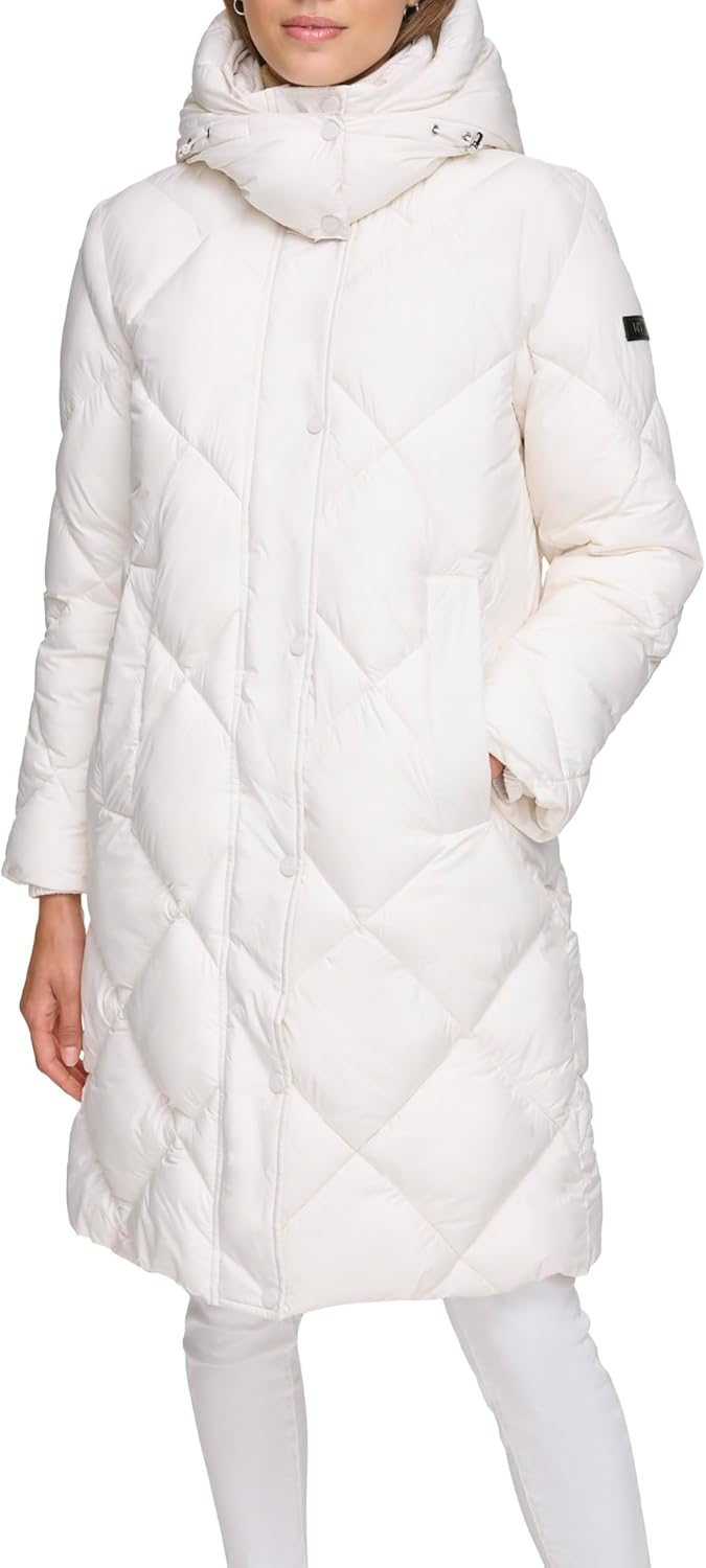 DKNY womens Diamond Quilted Long Puffer Coat Large Soft Pearl(size L)