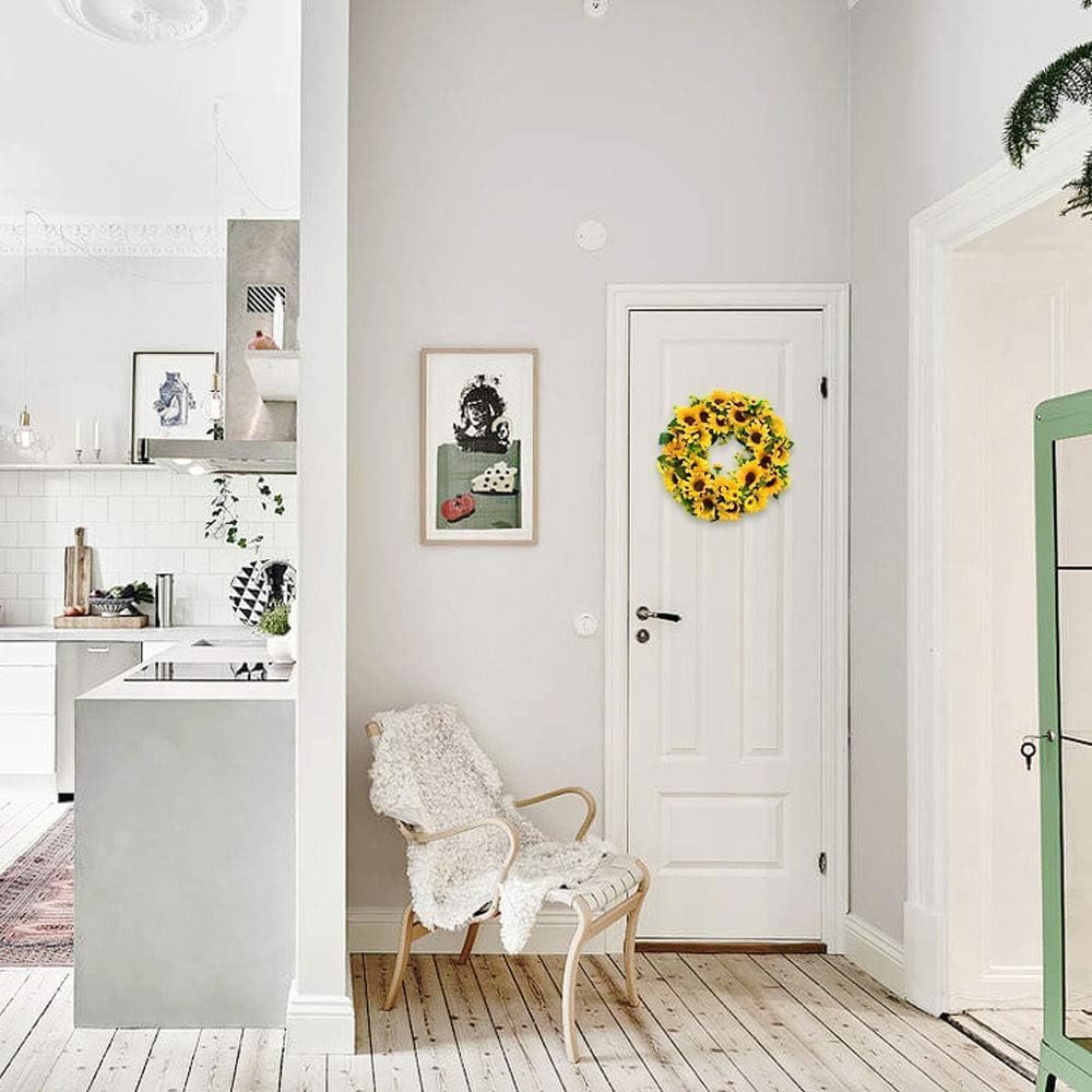 15インチ 人工ひまわりリース フラワーリース イエローフラワードアリース サマーリース フロントドア用 緑の葉 スプリングリース