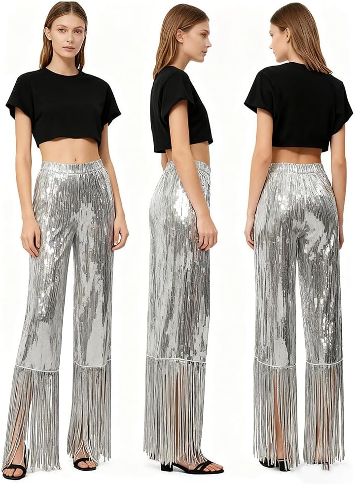 Women Sequin Pants Wide Leg Sparkly Shiny Club Party Hip Hop Stage Costumes Trousers