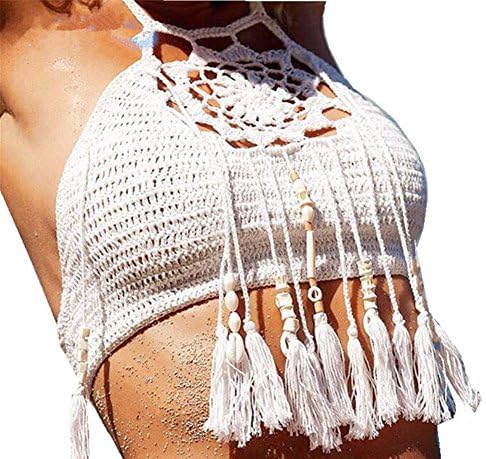 Ebetterr Women's Crochet Halter Bikini Bra Bralette Crop Top White