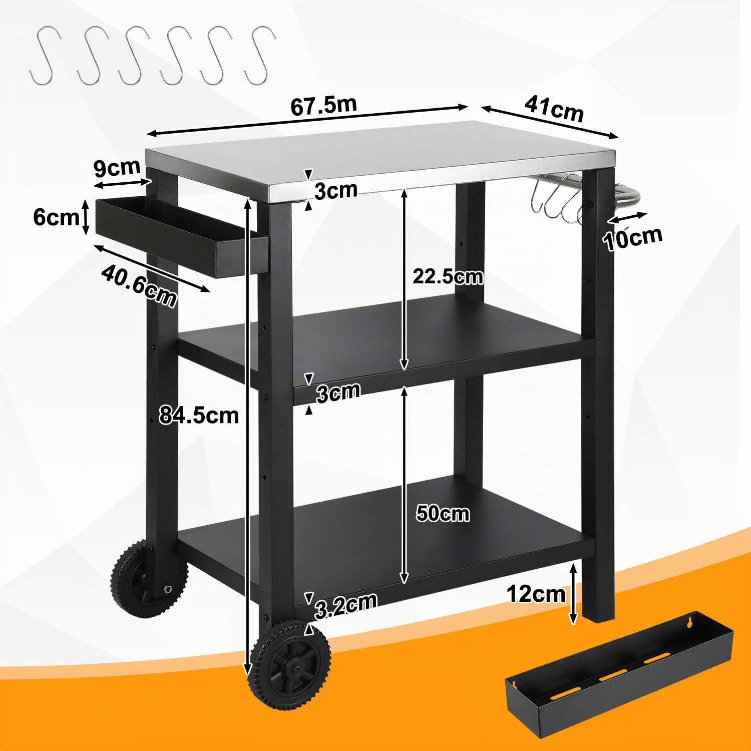 Carrello per Barbecue Regolabile in Altezza, Tavolo da Barbecue con 3 Ripiani, 6 Ganci, Maniglia & Portaspezie, Carrello da Servizio con Ruote per Cucina all'aperto, Piano in Acciaio Inox per