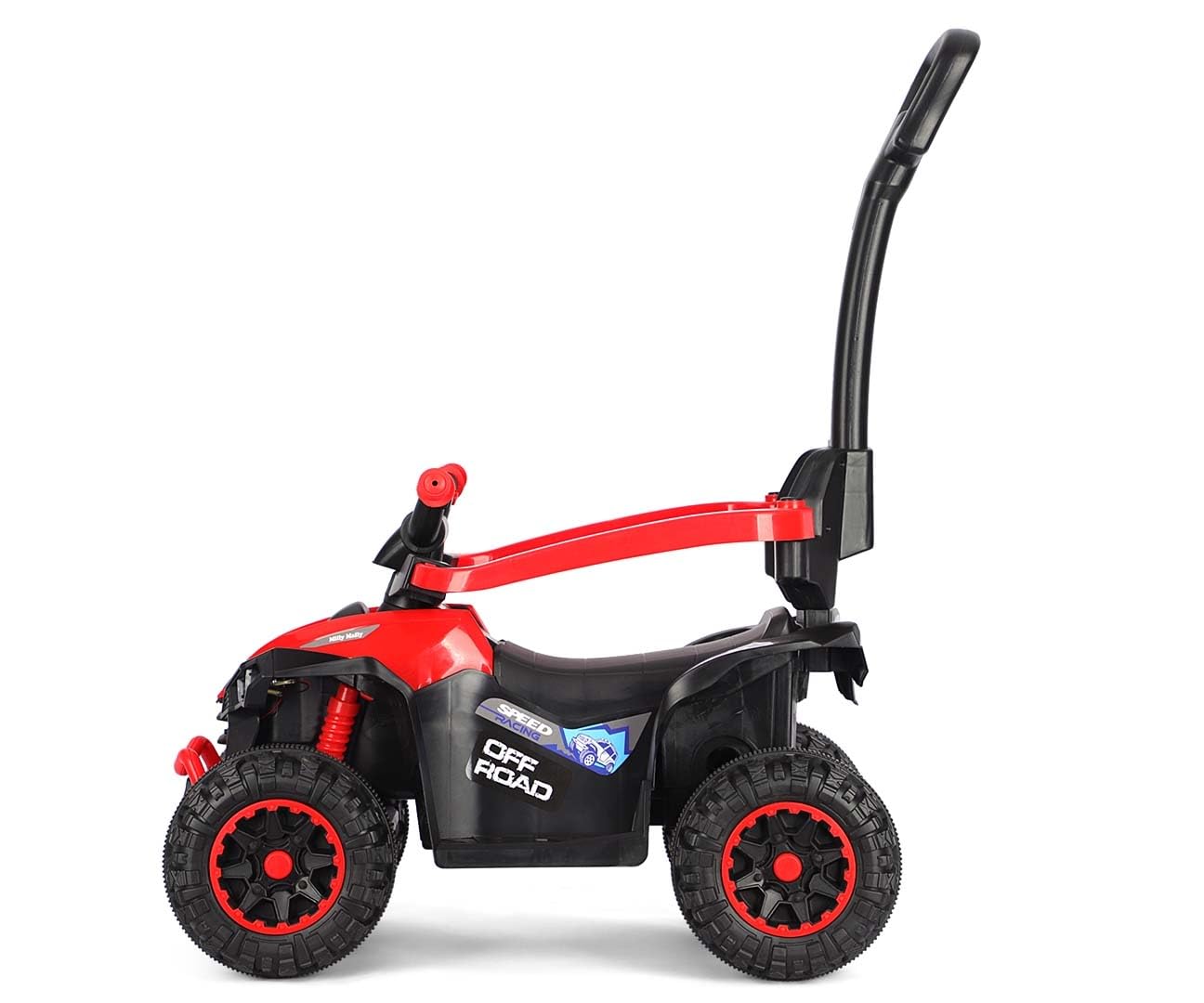 Milly Mally Wild Kinder Rutschauto mit Schubstange | 3-in-1 Offroad Quad Kinderfahrzeug für Kleinkinder 12-36 Monate | Rutschfahrzeug mit LED-Licht, Sound & Schutzbügel bis 25 kg (Red)