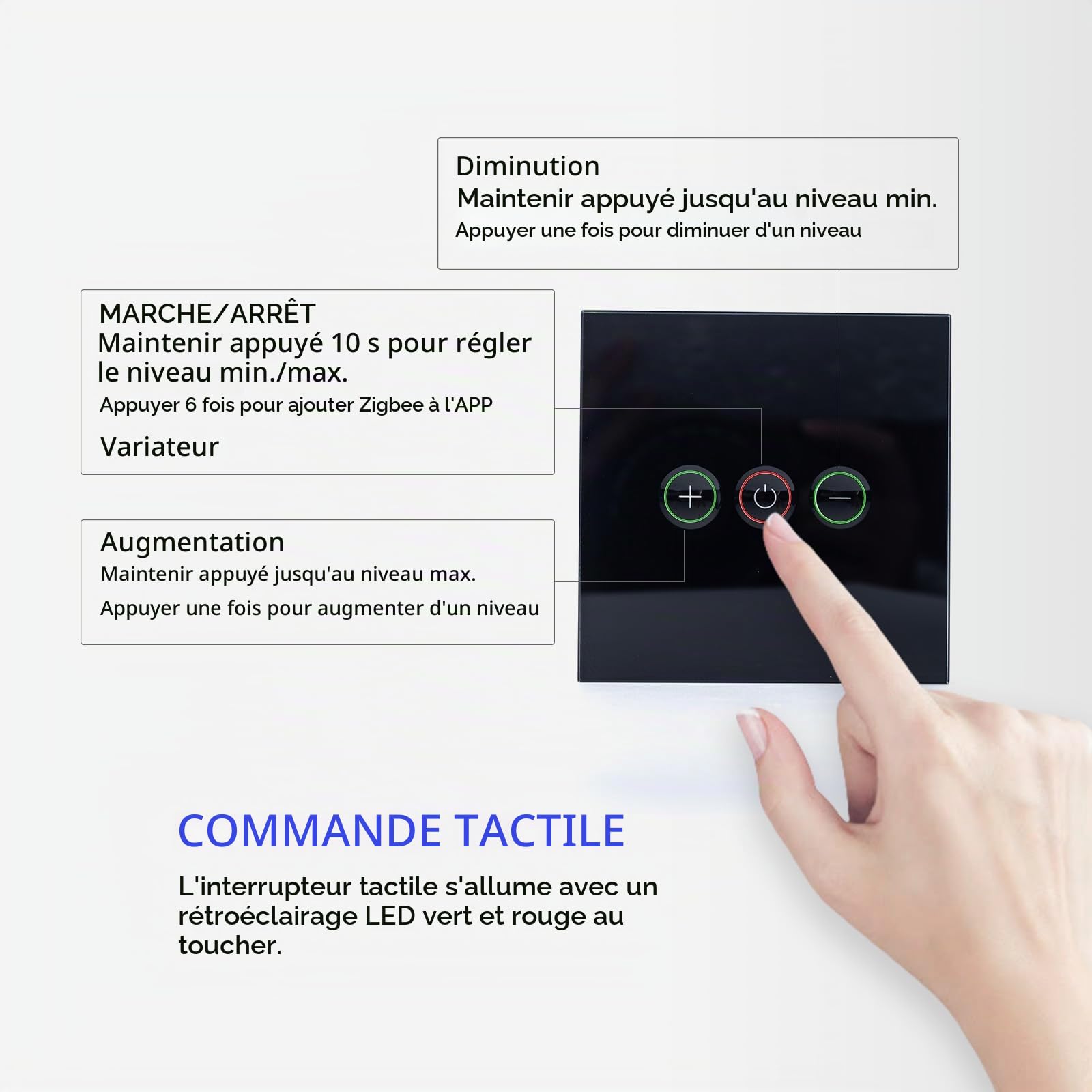 Zigbee – Variateur d'intensité tactile, sans fil neutre, télécommande d'éclairage intelligente compatible avec les concentrateurs Zigbee standard, SmartThings, Hubitat, Echo, | LED et halogène
