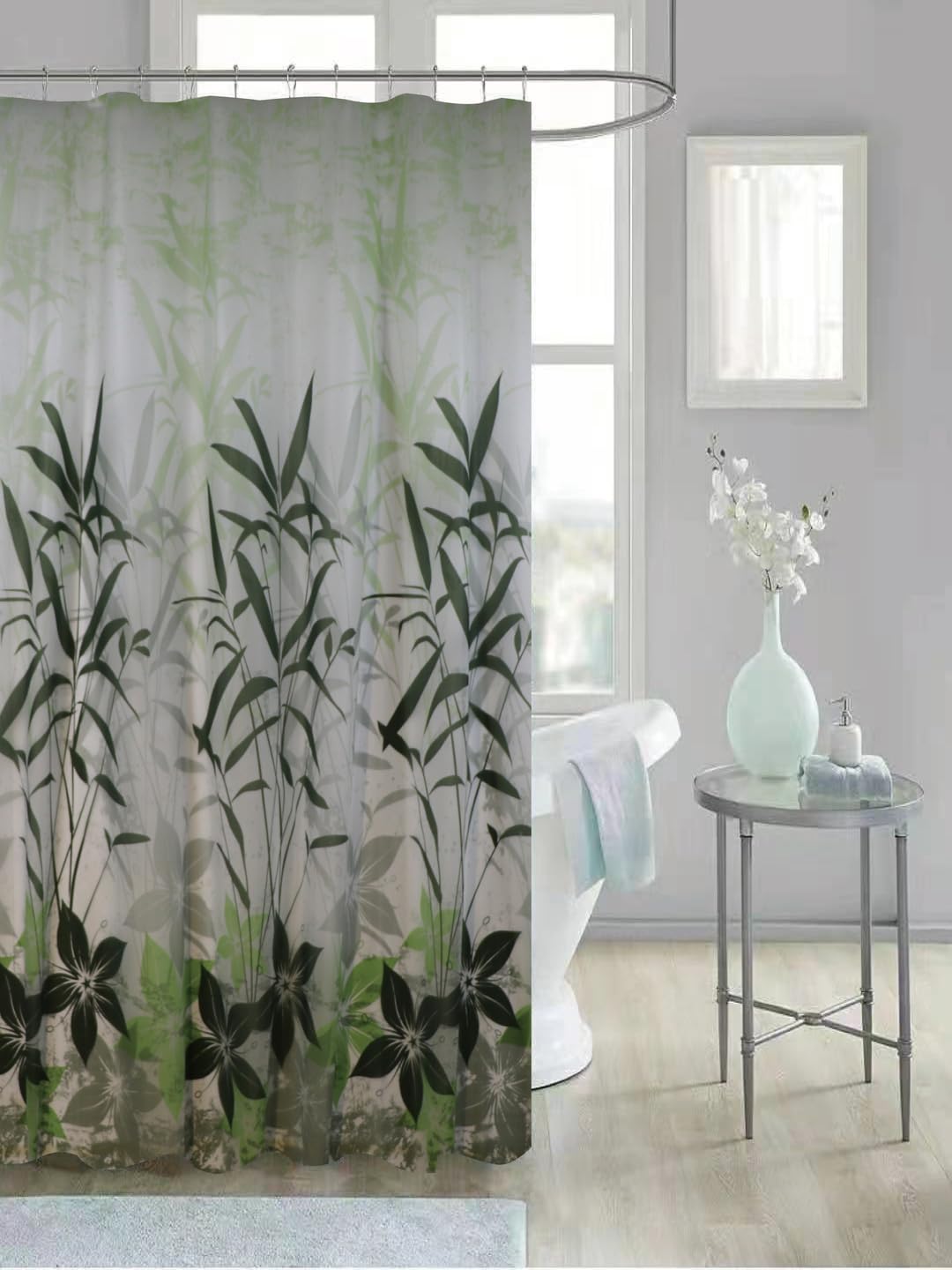 homewards Digitally Printed Leaf Design Water Repellent PVC Shower Curtain (6ft x 6ft) 180cm x 180cm with 12 Hooks,Multi Color Leaf Design