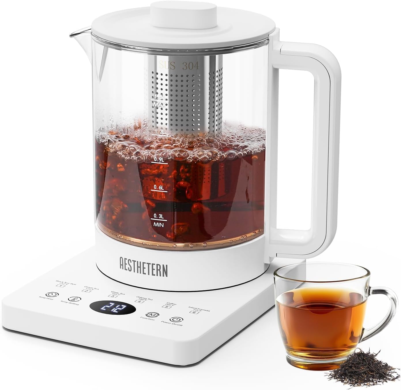 Electric Tea Kettle with Infuser Temperature Control and Automatic Shut Off 24 H Keep Warm for Coffee Water Heater and Tea Pot Glass White 1.5L