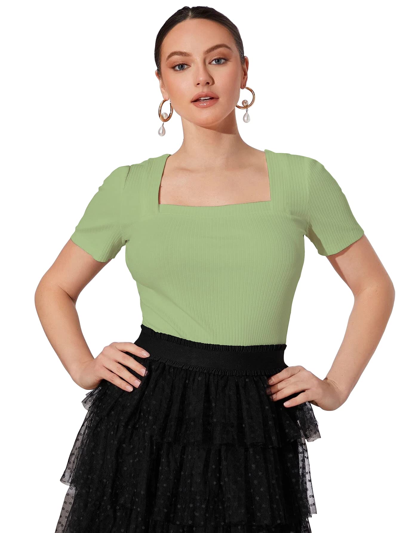 ShasmiWomen's & Girl's Solid Knitted Square Neck T-Shirts Short Puff Sleeve Tops (TOP 52)