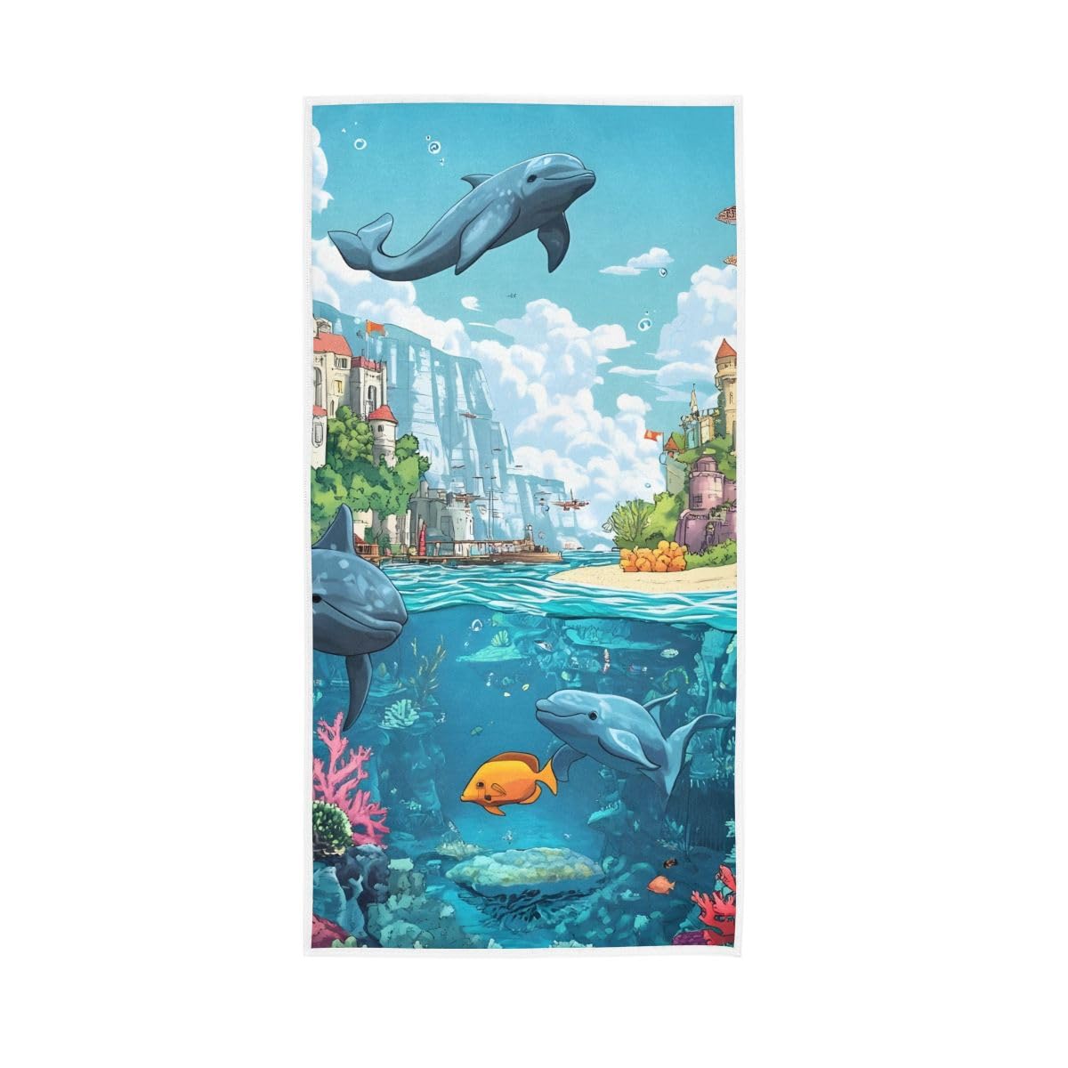 HUYGD Sea Animal and Residential Area Cartoon Hand Towel, 15 x 30 Inches, Soft Highly Absorbent Towels for Bathroom Gym Shower