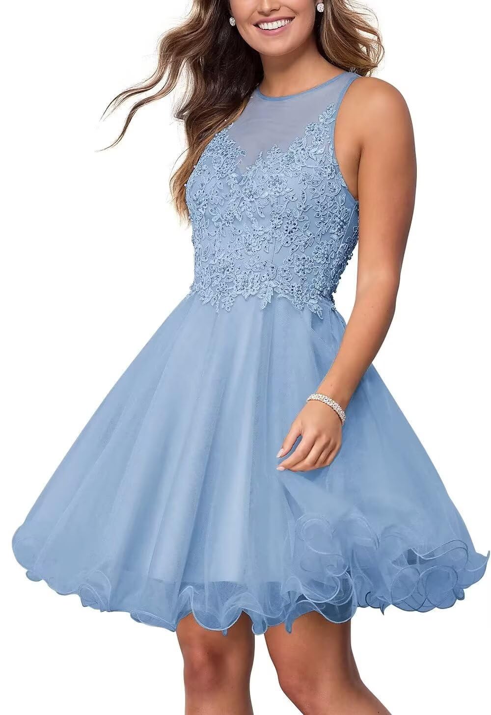 ZEEYECIE Short Tulle Prom Dress for Teens Homecoming Dresses Lace Applique Beading Party Cocktail Gowns