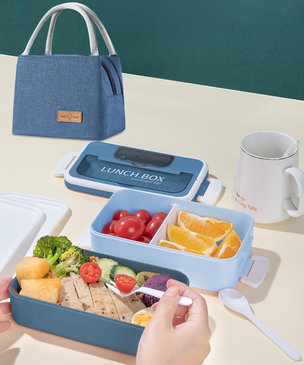 Porta Pranzo Kit, 1600 ml 2 Strati Lunch Box Ermetica con Borsa Termica e Posate, Portapranzo per Microonde e Lavastoviglie,Schiscetta Pranzo, Bento Box per Adulti Lavoro Picnic Ufficio (Blu)