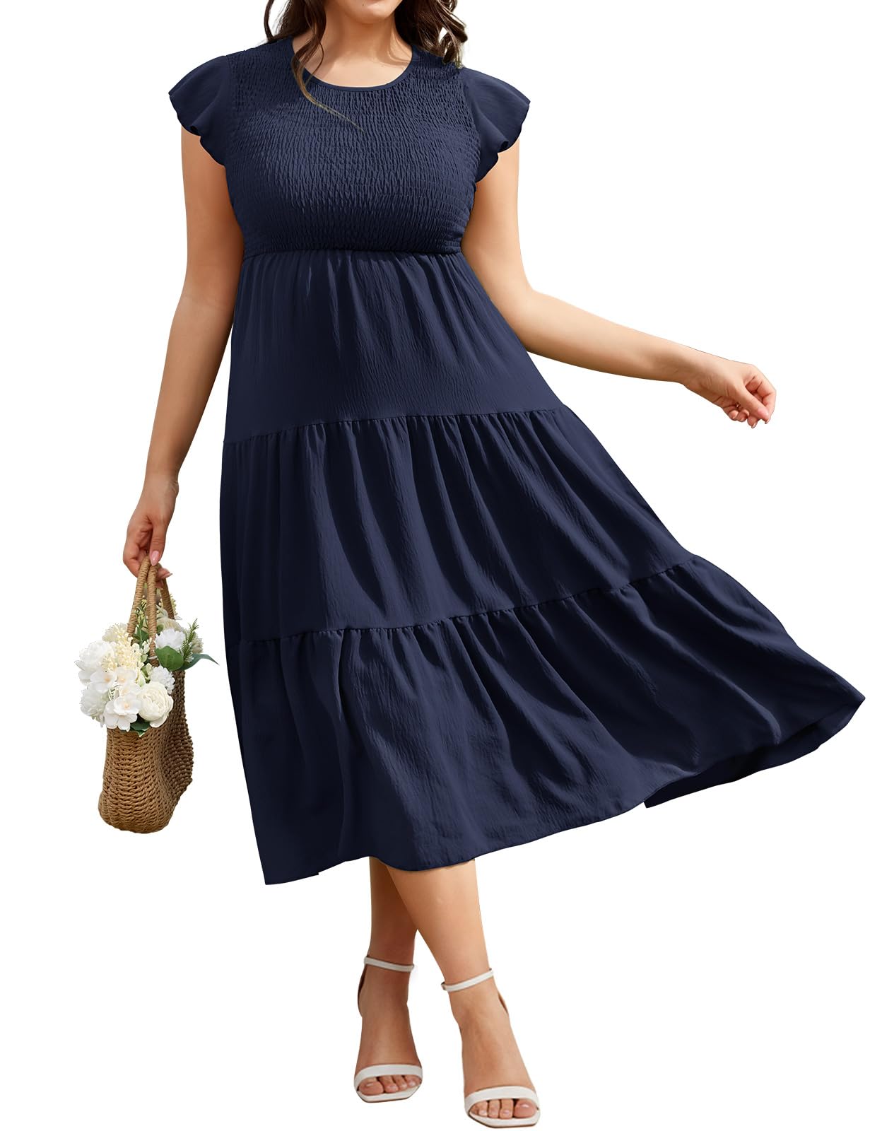 Sommerkleid Damen Große Größen Kleider Sommer Elegant Rundhals Flatterärmel Maxikleider Elastische Taille A Linie Casual Maxi Kleider Strandkleid Lang Freizeitkleid