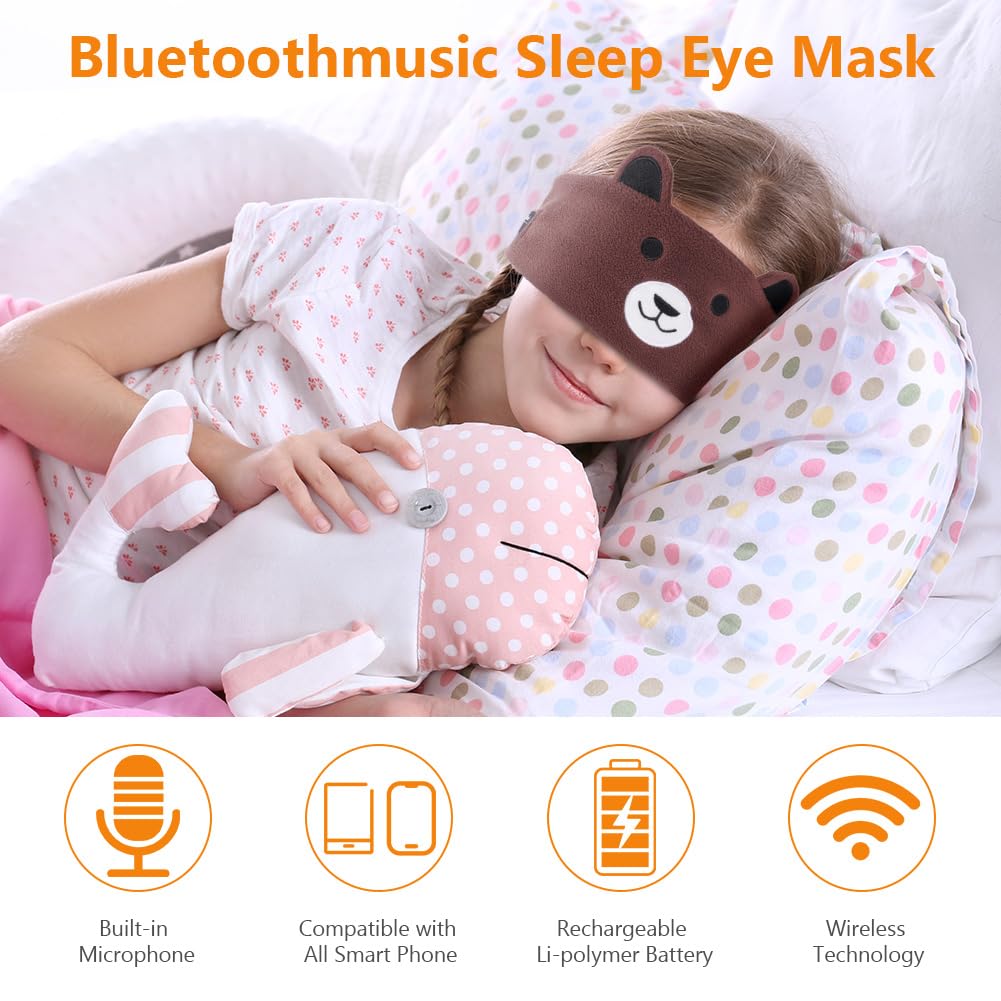 OFFCUP Masque de Nuit Enfant, 100% Occultant Masque de Sommeil, Bandeau Bluetooth Mignon, Doux et Confortable pour Dormir Masques pour les Yeux, Casque de Sommeil sans Fil pour Homme Femme -Ours