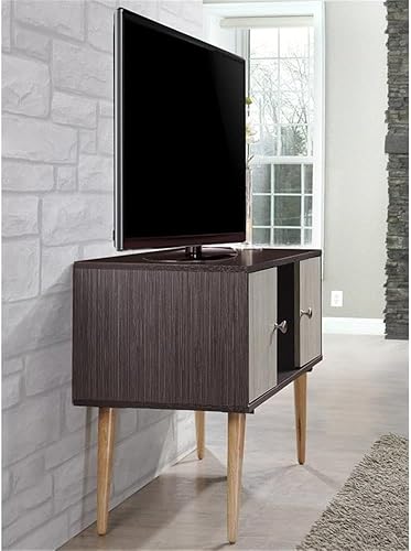 Miniatura 5 de Hodedah Soporte de TV de estilo retro con dos puertas de almacenamiento y patas de madera maciza, color chocolate