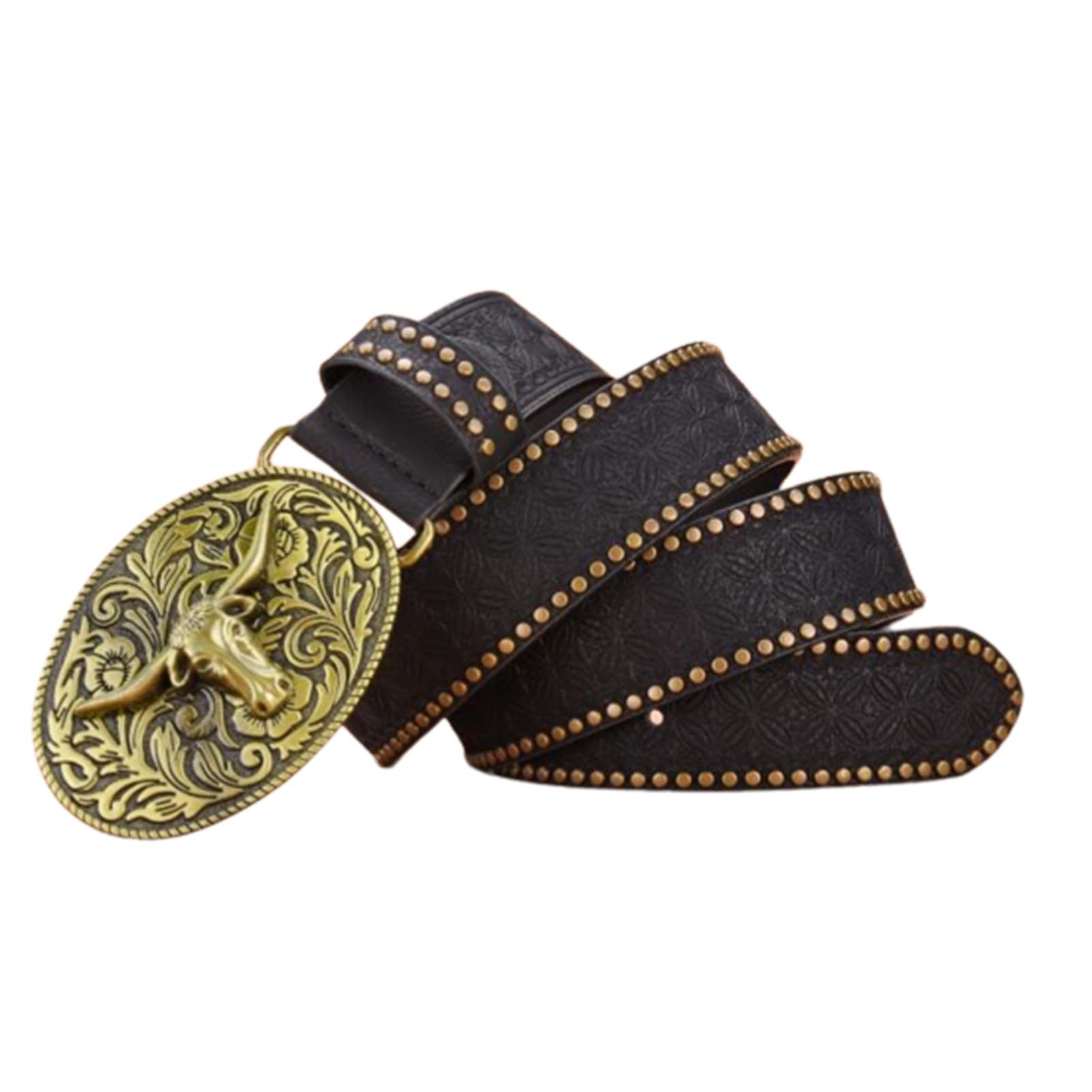 Cinturón Occidental De Cuero Plena Flor For Hombre, Correa Con Relieve Floral, Hebilla Ovalada Toro Cuerno Largo, Negro, Cintura 105 Cm/35 Pulgadas